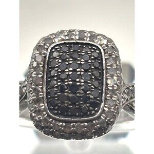 Stunning Black Diamonds White Topaz Ring 6.5 Silver 925 Rectangle Pave Setting